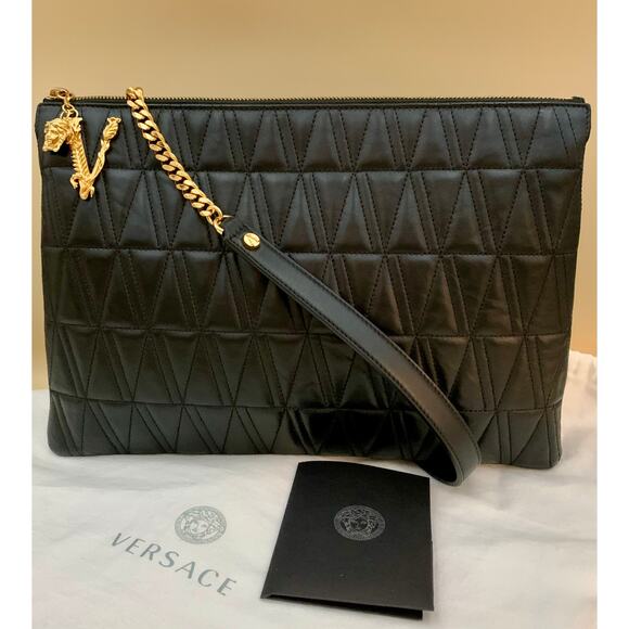 VERSACE Virtus V Bag Black Shoulder Crossbody Clutch Quilted Strap Authentic NEW - Picture 1 of 15
